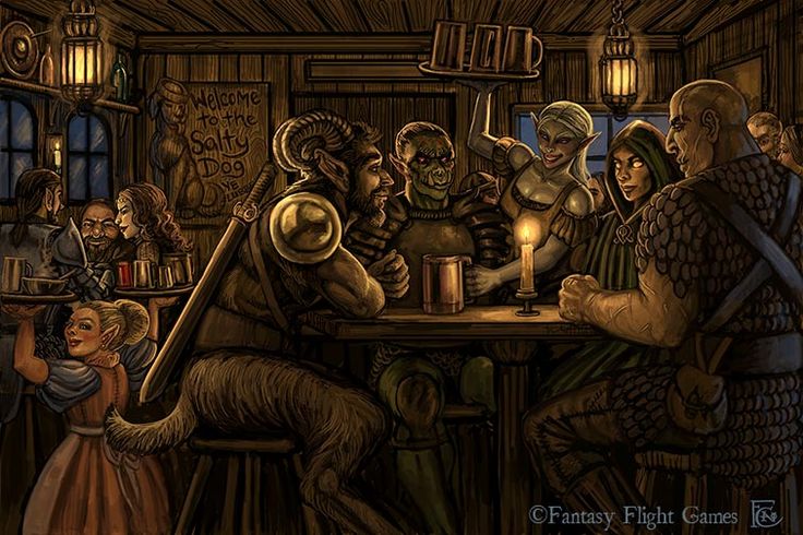 Adventurers sit in a tavern